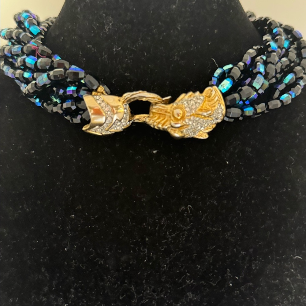 Vintage GIVALLI Italy Multi-Strand Black AB Glass Torsade  GoldTone SIGNED